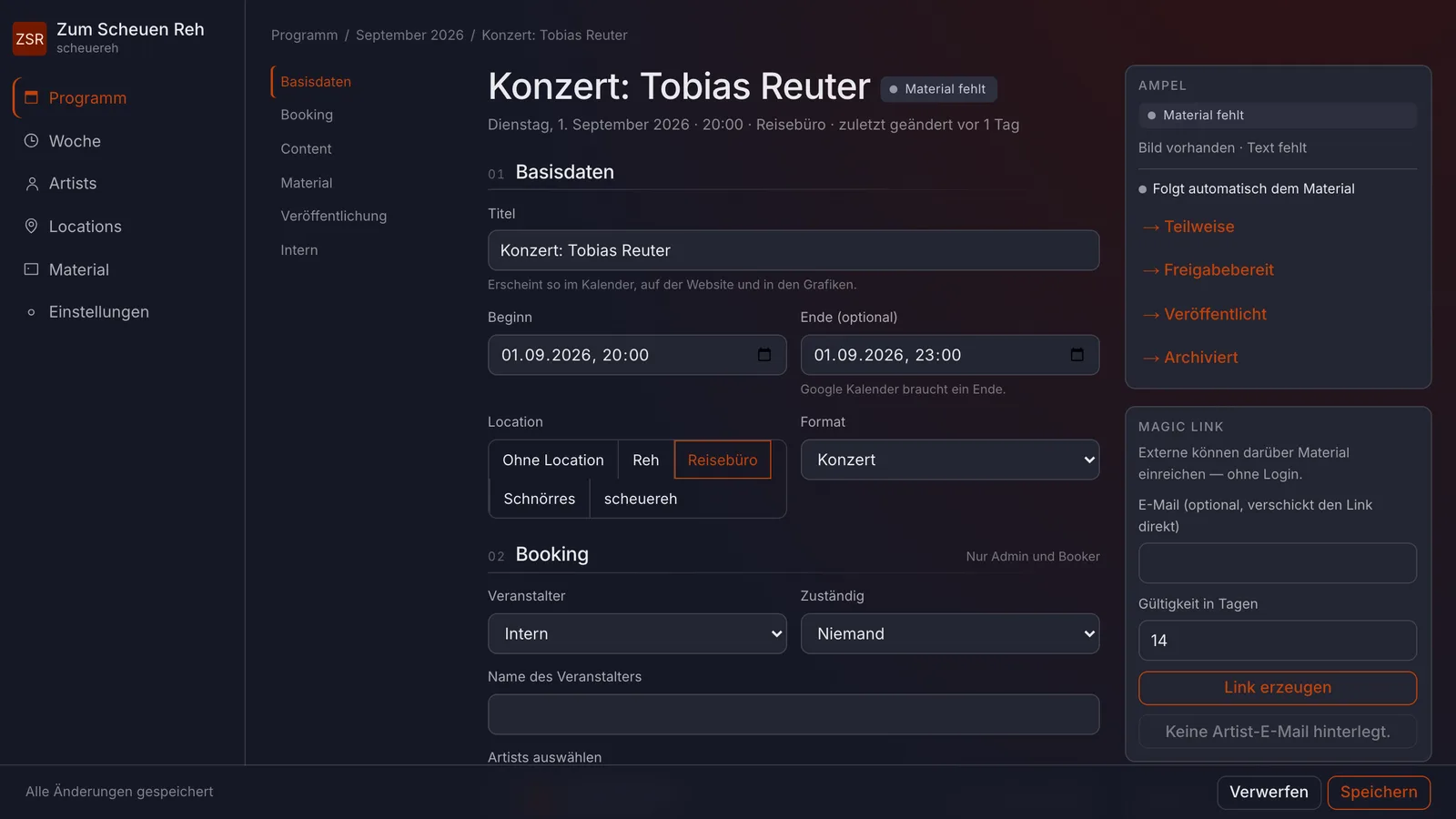 Die Ampel einer Veranstaltung folgt dem vorhandenen Material